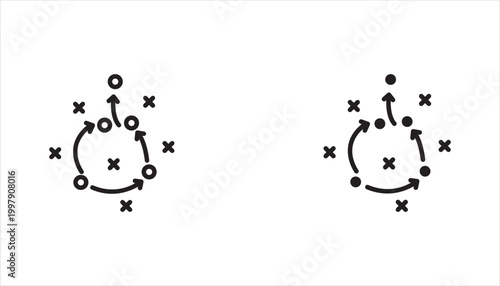 Strategy game plan icon set. Tactics for football. Scheme for football team training. Sports illustration on the board. Coach's manual. Strategic organization on the field for learning. Vector. For ap