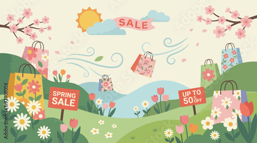 Colorful Flat Design Vector Illustration of Spring Sale Landscape with Flying Shopping Bags