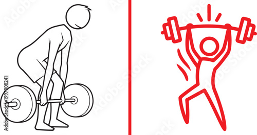 Line art illustration of weightlifting and a red icon of a person lifting a barbell