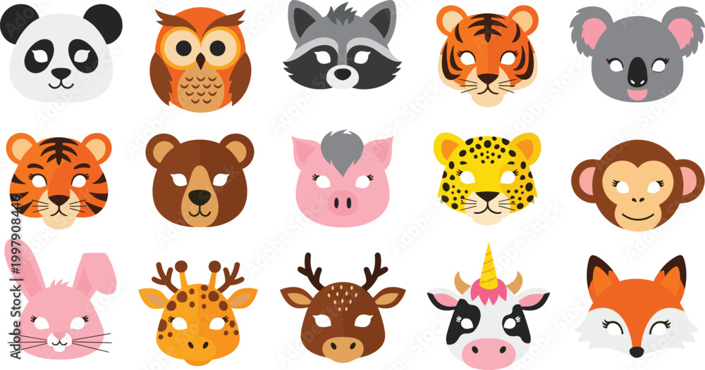 Fototapeta premium Collection of Cute Cartoon Animal Faces Including Panda, Tiger, Owl, Koala, and More in Vector Illustration