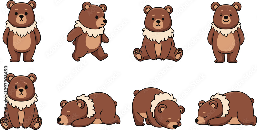 Fototapeta premium Cute Cartoon Brown Bear Character Set in Various Poses Including Walking, Sitting, Sleeping, and Standing for Kids and Nature Designs
