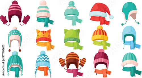Colorful Winter Hat and Scarf Collection with Knitted Beanies, Earflaps, Mittens, and Santa Hat for Cold Season and Kids Designs