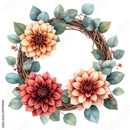 Rustic Autumn Dahlia Wreath with Eucalyptus Leaves and Twigs
