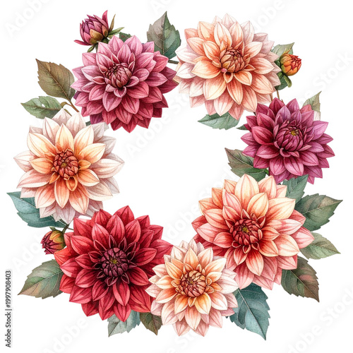 Warm Toned Dahlia Floral Wreath Frame with Peach and Rose Flowers