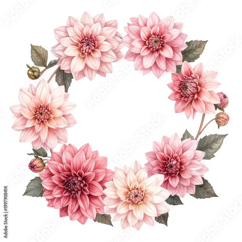 Beautiful Pink Dahlia Floral Wreath Frame in Watercolor Style