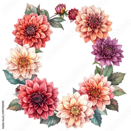 Colorful Dahlia Floral Wreath with Vibrant Pink, Orange and Purple Flowers