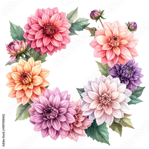 Colorful Mixed Dahlia Floral Wreath Frame with Vibrant Summer Flowers