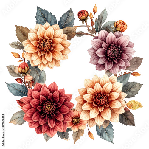 Vintage Earth Tone Dahlia Wreath with Muted Colors and Autumn Leaves