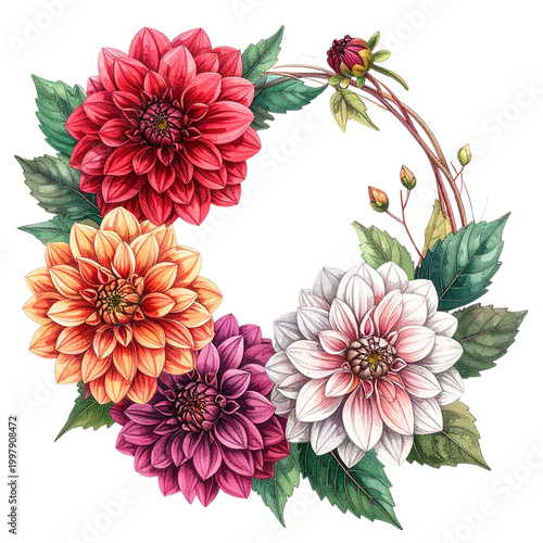 Vibrant Dahlia Floral Wreath with Buds and Green Leaves