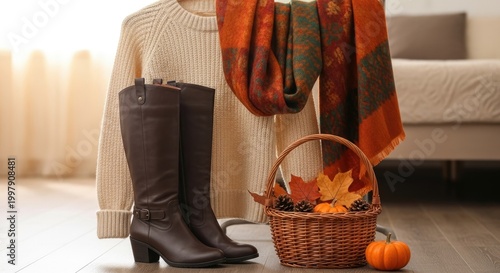 A pair of brown leather knee-high boots with a decorative basket filled with autumn leaves, 