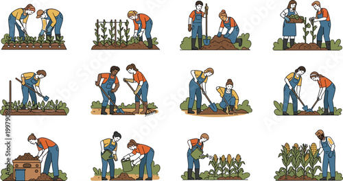 Gardening and Planting Activities in Vector Illustration Showing People Working in the Garden with Flowers, Vegetables, and Tools