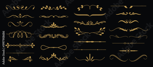 Golden Line Borders on Black Background, Elegant Divider Frames for Luxury Design, Intricate Ornamental Details for Invitations, Certificates, Branding, and Premium Vector Decoration