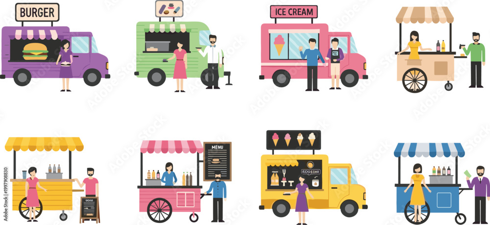 Naklejka premium Food Trucks and Street Food Vendors with Various Cuisines Including Burgers, Ice Cream, and Drinks in Colorful Vector Illustration