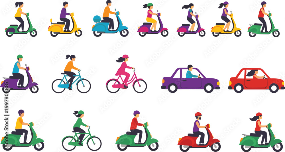 Fototapeta premium Illustration of Various Transportation Modes Including Scooters, Bicycles, and Cars with People Riding and Driving in Vector Style