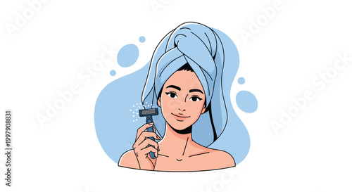 Portrait of a young woman with a blue towel wrapped around her head holding a razor for skin care and hair removal.