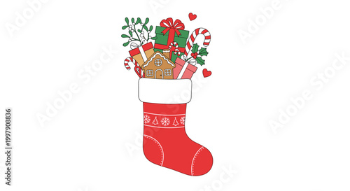 Red Christmas stocking filled with festive holiday gifts including a gingerbread house candy canes and wrapped boxes.