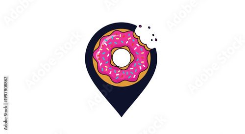 Creative map pin location icon featuring a pink glazed donut with colorful sprinkles and a missing bite for food delivery.
