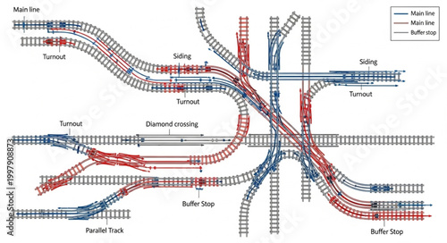 Complex Railway Junction Diagram with Multiple Tracks and Switches.