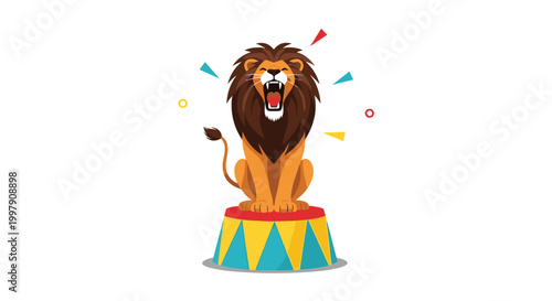 Majestic lion with a large mane sitting on a colorful circus pedestal and roaring with its mouth wide open in performance.