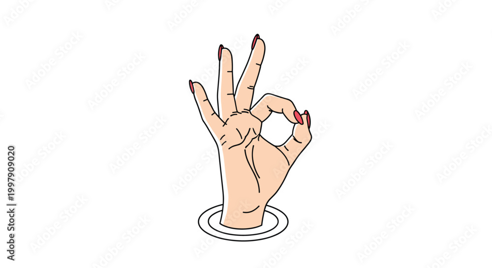 Obraz premium Hand with red nail polish emerging from a circular hole and making a perfect okay gesture on a clean white background.