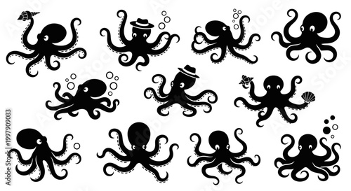 Set of black octopus icons with hats and shells
