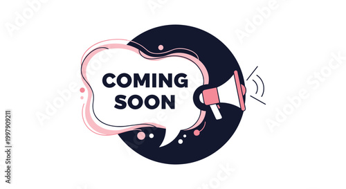 Eye catching promotion label featuring a megaphone and a speech bubble with the text coming soon for product launches.