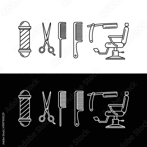 Barber shop icons: barber pole, scissors, combs, razor, chair