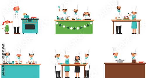 Chefs Cooking and Preparing Food in a Professional Kitchen with Various Kitchen Activities and Cooking Scenes in Vector Style