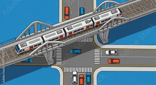 Modern Train Crossing Over Busy City Road Intersection.
