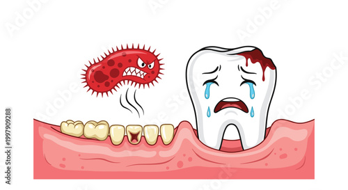 Dental health illustration of a sad crying tooth with a cavity being attacked by a red bacteria monster in the gums.
