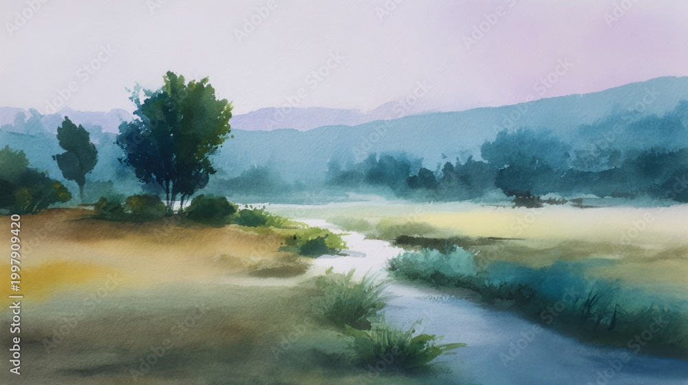 Fototapeta premium River meanders through a foggy field with tall trees
