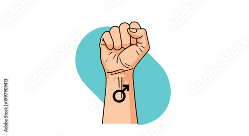 Powerful illustration of a raised clenched fist with a black male gender symbol tattooed on the wrist for men's rights.
