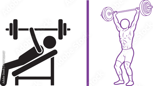 Vector icons of weightlifting exercises, bench press and overhead press