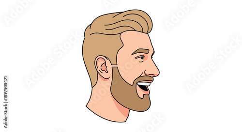 Side profile of a handsome smiling man with blonde hair and a well groomed beard laughing on a white background.