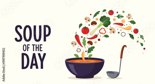 Creative soup of the day advertisement featuring fresh vegetables flying into a bowl next to a ladle on a plain background.