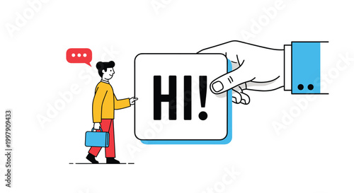 Large hand holding a white sign with the word hi to greet a small businessman carrying a briefcase in a flat style illustration.