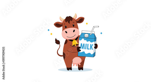 Cute cartoon cow with a bell around its neck holding a blue milk carton and a straw against a clean white background.