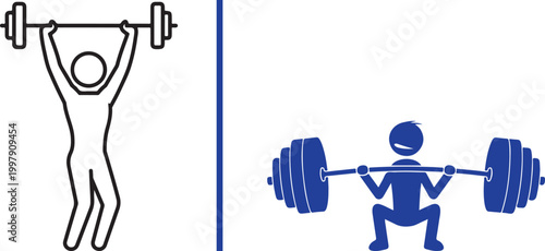 Weightlifting icons, man lifting barbell and man squatting with barbell