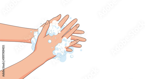 Detailed illustration of two human hands being washed thoroughly with white soap bubbles to maintain hygiene and health.