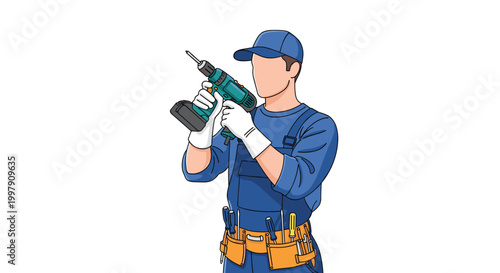 Professional handyman wearing blue overalls and a cap holding an electric power drill with various tools in his belt.