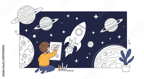 Creative young child kneeling on the floor and painting a space scene with rockets planets and stars on a large canvas.