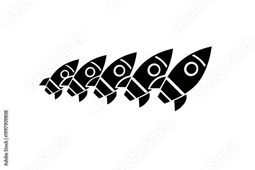 Five rockets in a row, lined up from smallest to largest, symbolizing progress, growth, and upward momentum for a new venture