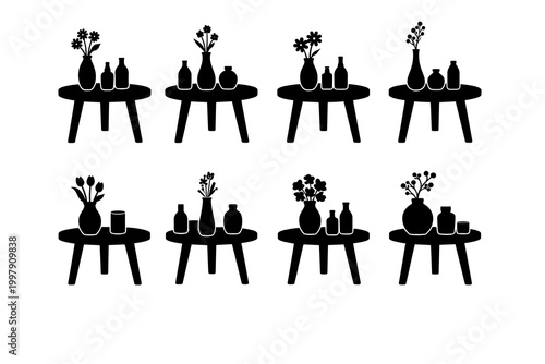 Set of Decorative Tabletop Arrangements Featuring Vases with Flowers, Bottles, and Jars, Presented in a Clean, Stylized Vector Graphic