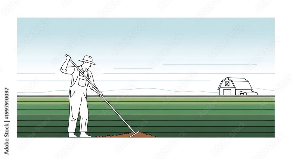 Obraz premium A farmer raking a field with a barn in the background.