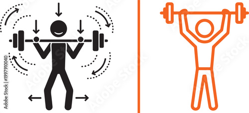 Weightlifting icon set with barbell exercise and overhead lift illustration