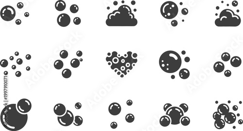 Soap Bubble Icon Set with Foam, Water Bubbles, and Cleaning Elements for Hygiene, Wash, Detergent, and Liquid Splash Vector Illustration Design