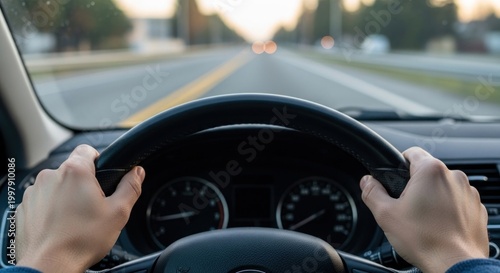 A person's hands holding a steering wheel on a highway, with a blurred background of a road and trees.