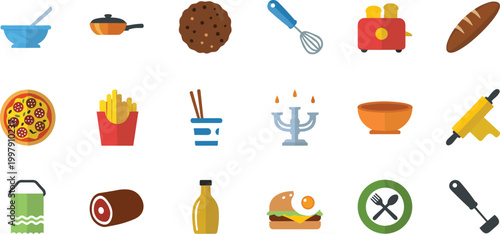 Set of Cooking and Food Icons with Pizza, Fries, Bread, Mixer, Toaster, Oil Bottle, Meat, Burger, and Kitchen Utensils for Culinary Design Concepts