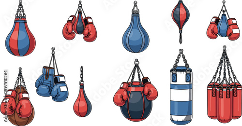 Boxing punching bags and gloves collection with hanging training equipment for gym workout combat sport vector illustration set