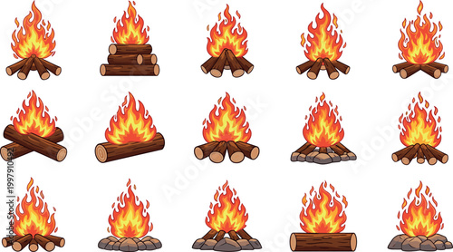 Campfire flames collection with burning wood logs bonfire variations for camping outdoor survival fire illustration set isolated